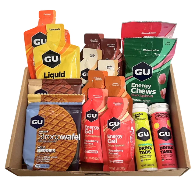 GU Variety Energy Box mista gel chews waffle tabs assortiti